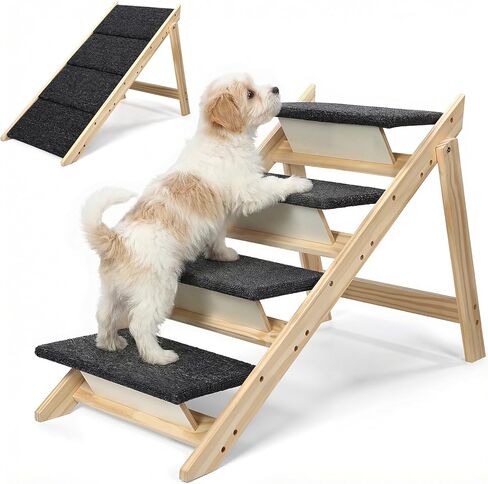 Dog Ramp, Durable Pet Stairs for High Beds, 2-in-1 Foldable Wooden Dog Steps for Couch and Car, Joint-Friendly Stairs for Senior Dogs, Non-Slip Carpeted Pet Steps with High-Weight Capacity in Kuwait