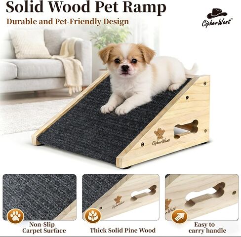 Wooden Dog Ramp for Bed, Sofa - Portable Pet Ramp with Non-Slip Carpet Surface & Bone-Shaped Handle, Senior Dog Stairs for Small Medium Breeds in Kuwait