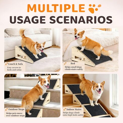 Wooden Dog Ramp for Bed, Sofa - Portable Pet Ramp with Non-Slip Carpet Surface & Bone-Shaped Handle, Senior Dog Stairs for Small Medium Breeds in Kuwait