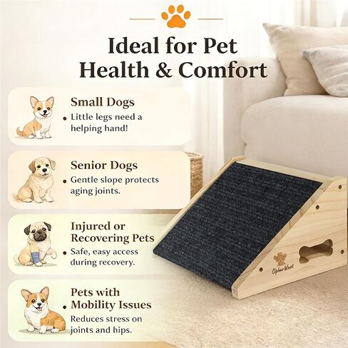 Wooden Dog Ramp for Bed, Sofa - Portable Pet Ramp with Non-Slip Carpet Surface & Bone-Shaped Handle, Senior Dog Stairs for Small Medium Breeds in Kuwait