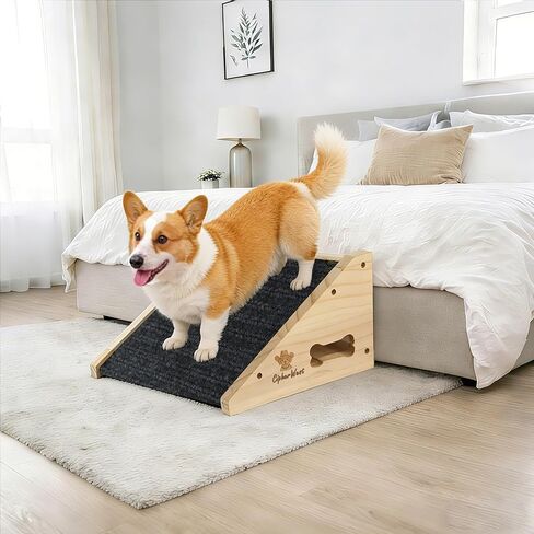 Wooden Dog Ramp for Bed, Sofa - Portable Pet Ramp with Non-Slip Carpet Surface & Bone-Shaped Handle, Senior Dog Stairs for Small Medium Breeds in Kuwait