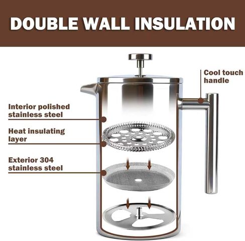 Extra Large French Press, French Press Coffee Maker 61 oz (1.8L), Insulated Stainless Steel French Press XXL Large Capacity Double Walled with Spoon for Espresso Coffee or Tea in Kuwait