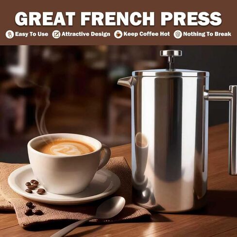 Extra Large French Press, French Press Coffee Maker 61 oz (1.8L), Insulated Stainless Steel French Press XXL Large Capacity Double Walled with Spoon for Espresso Coffee or Tea in Kuwait
