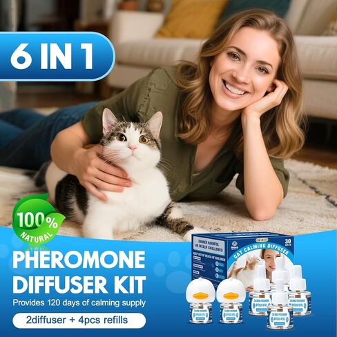Pheromones التهدئة Cat Diffuser: 3-in-1 Kit Cat Reputing Pheromone Diffuser to to to to to to to to expliens (1 × 2 × 48 مل) للراحة يقلل من قلق الإجهاد ، والفوومون المريح منذ فترة طويلة ل Pet Cat (3in1) in Kuwait
