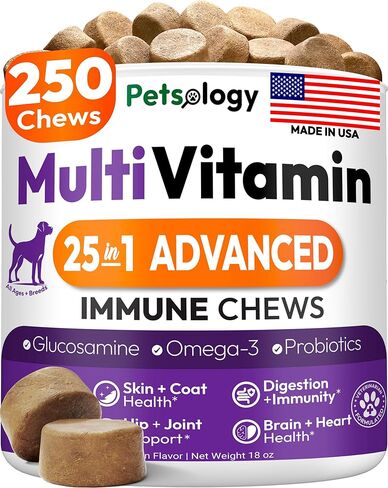 25-in-1 Dog Vitamins and Supplements - 250 Chews Dog Multivitamin Chewable with Glucosamine, Probiotics Omega 3 for Dogs Skin & Coat Hip & Joint Gut Brain Immune Support - Senior & Puppy Multivitamin in Kuwait