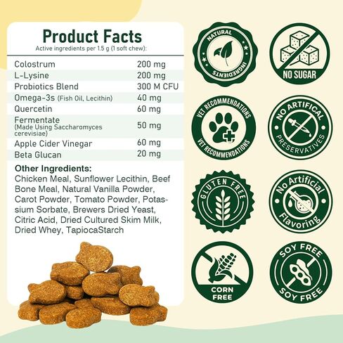 Cat Allergy Relief for Cats, 150 Soft Chews for Cat Itch and Allergy Relief with Omega-3 and Probiotics Coat Health, Immune Boost and Seasonal Allergies Chicken Flavor Chews in Kuwait