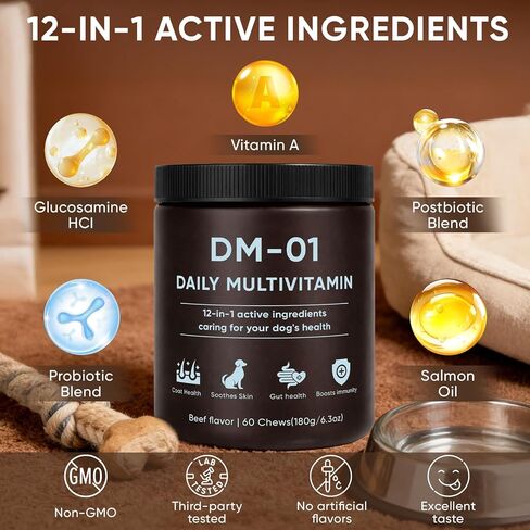 DM-01 Daily Multivitamin, Multivitamin Itch Relief Chews for Dog, with Folic Acid, Salmon Oil, Chondroitin & Natural Vitamins, Skin and Coat Healthy, Digestive & Boost Immunity, 60 Chew (Beef) in Kuwait