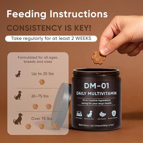 DM-01 Daily Multivitamin, Multivitamin Itch Relief Chews for Dog, with Folic Acid, Salmon Oil, Chondroitin & Natural Vitamins, Skin and Coat Healthy, Digestive & Boost Immunity, 60 Chew (Beef) in Kuwait