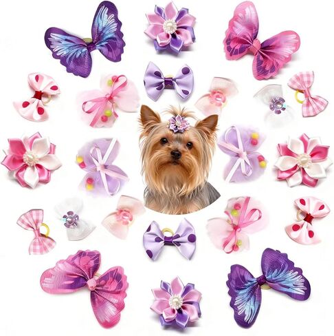 22 Pcs Cute Dog Hair Bows with Elastic Rubber Bands, Small Size Dog Hair Bows for Puppy Hair with Butterfly Flower Pearls Double Bow for Dogs Cats Pets Hair Grooming in Kuwait