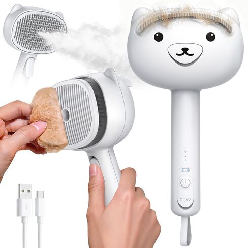 Self Cleaning Shedding Steam Cat Brush, Silicone Scraper Included Dog Brush, primecat, Cat Brushes for Shedding, USB Rechargeable, for Grooming & Haired Pets, Dogs & Cats, White in Kuwait