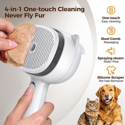 Self Cleaning Shedding Steam Cat Brush, Silicone Scraper Included Dog Brush, primecat, Cat Brushes for Shedding, USB Rechargeable, for Grooming & Haired Pets, Dogs & Cats, White in Kuwait