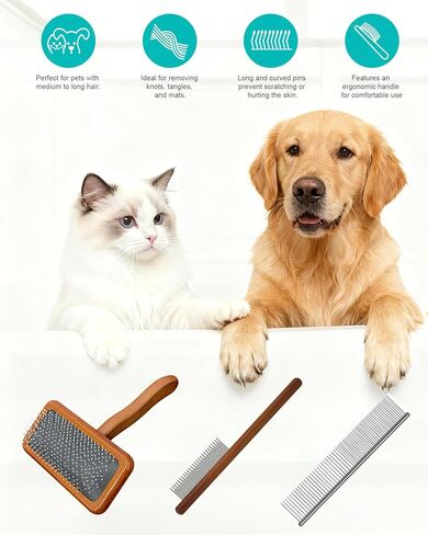 Dog Slicker Brush for Grooming & Shedding, Cat Brush for Short or Medium-Haired Dogs with an Air-Cushion Design and Coated Tips, Suitable for Removing Loose Hair, Tangles, and Knots. in Kuwait