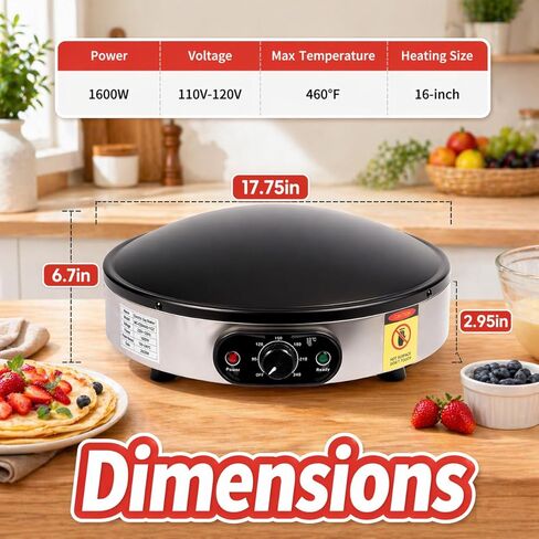 Crepe Makers, 16-Inch Electric Roti and Tortilla Maker, 1600W Large Non-Stick Convex Dome Griddle, Commercial Grade Saj Bread Maker & Crepe Machine, Adjustable Temp up to 460°F,Stainless Steel in Kuwait