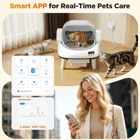 Self Cleaning Cat Litter Box, Open-Top Automatic Robot Litter Box for Multiple Cats with App Control, Safety Sensors Protection, Includes Liners, Digital Screen, Washable Sifter &Cat Pedal in Kuwait