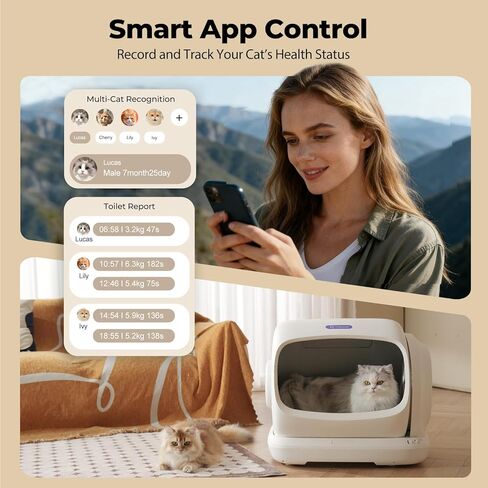 صندوق فضلات القطط ذاتي التنظيف من Robotail، صندوق فضلات القطط الأوتوماتيكي بمساحة كبيرة للغاية سعة 106 لتر XXXL للقطط الكبيرة، صندوق فضلات القطط الأوتوماتيكي مفتوح من الأعلى للتنظيف الذاتي مع التطبيق، مستشعر أمان، براءة اختراع مضادة للقرص in Kuwait