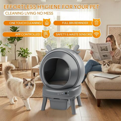 Automatic Cat Litter Box with App Control - Automatic Litter Box Self Cleaning for Multiple Cats, Health Tracking & Weight Sensor, Ultra Quiet, Odor Control, Large Capacity, Dark Grey in Kuwait