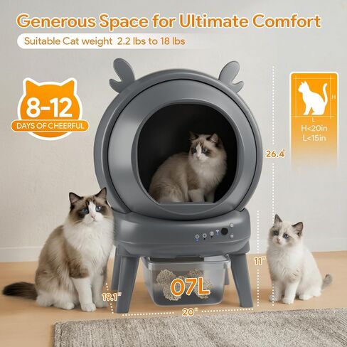Automatic Cat Litter Box with App Control - Automatic Litter Box Self Cleaning for Multiple Cats, Health Tracking & Weight Sensor, Ultra Quiet, Odor Control, Large Capacity, Dark Grey in Kuwait