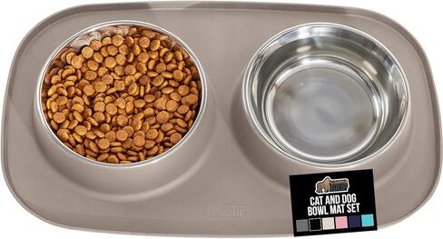 GORILLA GRIP Feeding Mat Bowl Set, 100% Waterproof BPA Free Silicone Base, 304 Stainless Steel Cat and Dog Bowls for Food and Water, Slip Resistant, High Edge, US Designed, Patent Pending, 2 Cup Gray in Kuwait