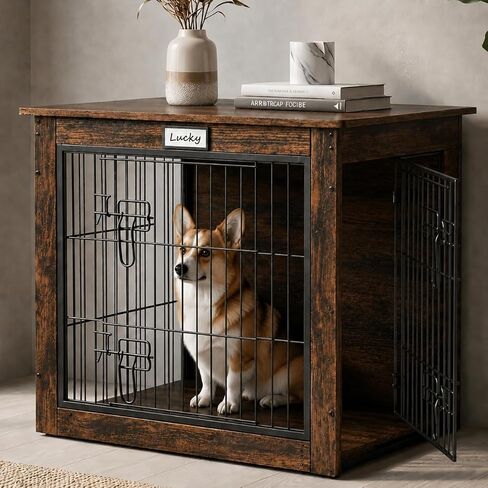 Dog Crate Furniture with Reversible Side Door, 28'' Heavy Duty Wooden Dog Kennel Indoor for Small Medium Dogs, Furniture Style Dog Cage with Double Locks, Steel Mesh, Rustic End Table Dog Crate in Saudi Arabia