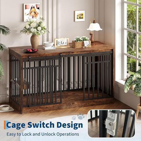 GarveeHome 55" Extra Large Dog Crate Furniture, Heavy Duty Metal Wooden Dogs Kennel Indoor Dog Cage with Sliding Door and 2 Bowls for Medium Large Dogs TV Stand, Rustic Brown in Kuwait