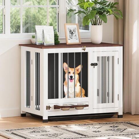 Dog Crate - 31.5" Wooden Dog Kennel Furniture with 360° Rotating Feeder & Removable Tray | Multi-Functional End Table for Medium & Small Dogs, White Dog Cage Indoor, Portable Pet Furniture in Kuwait