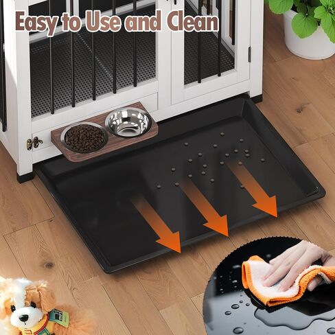 Dog Crate - 31.5" Wooden Dog Kennel Furniture with 360° Rotating Feeder & Removable Tray | Multi-Functional End Table for Medium & Small Dogs, White Dog Cage Indoor, Portable Pet Furniture in Kuwait