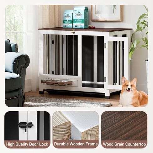 Dog Crate - 31.5" Wooden Dog Kennel Furniture with 360° Rotating Feeder & Removable Tray | Multi-Functional End Table for Medium & Small Dogs, White Dog Cage Indoor, Portable Pet Furniture in Kuwait