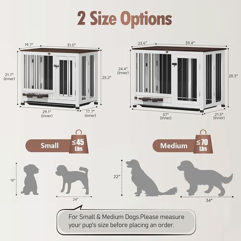 Dog Crate - 31.5" Wooden Dog Kennel Furniture with 360° Rotating Feeder & Removable Tray | Multi-Functional End Table for Medium & Small Dogs, White Dog Cage Indoor, Portable Pet Furniture in Kuwait
