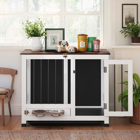 Dog Crate - 31.5" Wooden Dog Kennel Furniture with 360° Rotating Feeder & Removable Tray | Multi-Functional End Table for Medium & Small Dogs, White Dog Cage Indoor, Portable Pet Furniture in Kuwait