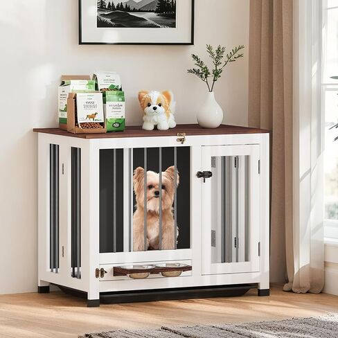 Dog Crate - 31.5" Wooden Dog Kennel Furniture with 360° Rotating Feeder & Removable Tray | Multi-Functional End Table for Medium & Small Dogs, White Dog Cage Indoor, Portable Pet Furniture in Kuwait
