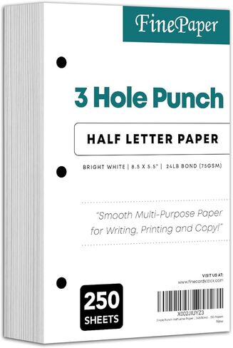 3 Hole Punch Half Letter Paper, Bright White Sheets, For 3 Ring Binders and Clipboards | 8.5 x 5.5 Inches | 24lb Bond, 60lb Text, 90 GSM | 250 Papers Per Pack in Saudi Arabia