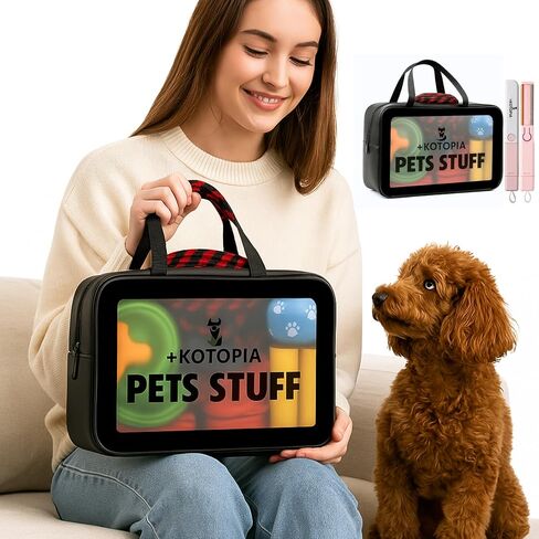 Dog Grooming Tote Bag – Travel Supply Organizer for Dogs – Pet Accessories Storage with Hair Remover Brush – Compact Grooming Bag for Home & Trips – Black/Pink in Kuwait