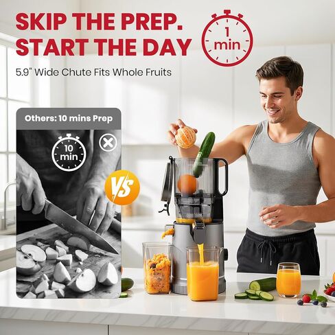LAUDLIFE Cold Press Juicer Machine, 5.9" Wide Feed Chute Juice Extractor, 80 oz Large Hopper, Easy to Clean & High Juice Yield, BPA Free, Slow Masticating Juicer for Whole Fruits & Vegetables in Kuwait