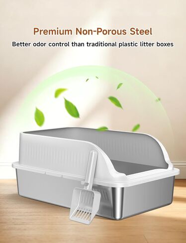 Stainless Steel Cat Litter Box with Lid, XL Extra Large High Sided Litter Box for Big Cats, Odor Free Open Top Litter Pan Easy Cleaning Anti-Urine Leakage Non-Stick, Includes Scoop, Light Grey in Saudi Arabia