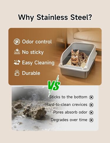 Stainless Steel Cat Litter Box with Lid, XL Extra Large High Sided Litter Box for Big Cats, Odor Free Open Top Litter Pan Easy Cleaning Anti-Urine Leakage Non-Stick, Includes Scoop, Light Grey in Saudi Arabia