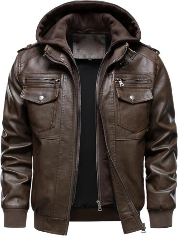 HOOD CREW Men's Faux Leather Hooded Jacket Motorcycle Jackets Water Repellent Windproof PU Moto Vintage Bomber Hoodie Coats in Saudi Arabia
