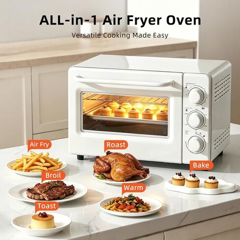 Novaspark Air Fryer Toaster Oven Combo, Retro Convection Oven Countertop,19QT Small Toaster Oven, 4-slices or 9" Pizza,Bake,Toast,Broil, Air Fry, Rapid Heating Mini Conventional Oven, Non-Stick, White in Kuwait
