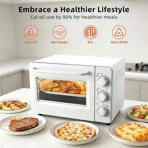 Novaspark Air Fryer Toaster Oven Combo, Retro Convection Oven Countertop,19QT Small Toaster Oven, 4-slices or 9" Pizza,Bake,Toast,Broil, Air Fry, Rapid Heating Mini Conventional Oven, Non-Stick, White in Kuwait