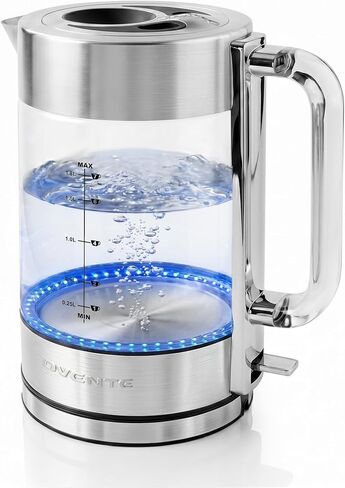 OVENTE Electric Kettle, 1.8L Tea Kettle Cordless with Borosilicate Glass Water Boiler, Stainless Steel Base, Acrylic Handle, 1500W Fast Boil Electric Kettle, Easy Fill Lid, Auto Shutoff, Silver KG911S in Kuwait