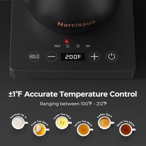 غلاية كهربائية Narcissus P901 Gooseneck مع وظيفة التحكم في درجة الحرارة ± 1℉، غليان سريع 1200 وات في 5 دقائق، بحد أقصى 6 ساعات للحفاظ على الدفء، 304 داخلي من الفولاذ المقاوم للصدأ، خالية من مادة BPA، أسود in Kuwait