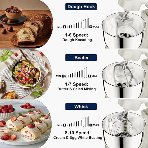 خلاط حامل كاميك، 4.2QT+5.3QT، خلاط طعام كهربائي بوعاءين، 10 سرعات مع إعداد رقمي، خلاط مطبخ 3 في 1 لخبز الكعك، سلطة خبز البسكويت مع مخفق البيض، خطاف العجين، مضرب مسطح (أبيض) in Saudi Arabia