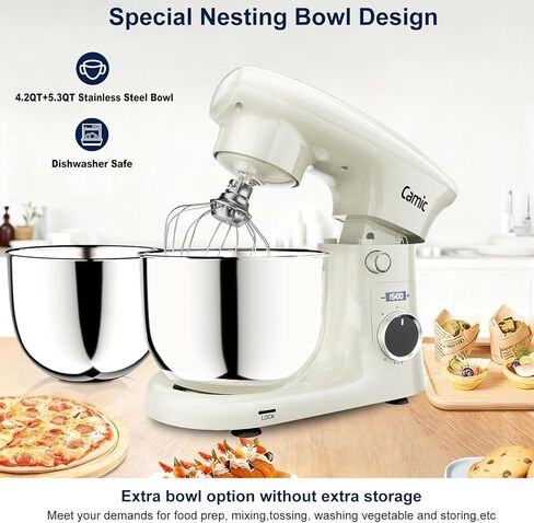 خلاط حامل كاميك، 4.2QT+5.3QT، خلاط طعام كهربائي بوعاءين، 10 سرعات مع إعداد رقمي، خلاط مطبخ 3 في 1 لخبز الكعك، سلطة خبز البسكويت مع مخفق البيض، خطاف العجين، مضرب مسطح (أبيض) in Saudi Arabia