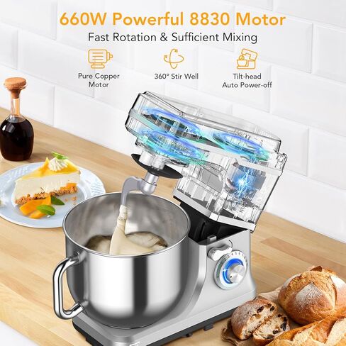 7 Quart Stand Mixer, Stable Design, 660W Tilt-Head Stand Mixer with 10-Speed Stepless Control for Bread, Pizza, Cake and Cookie Dough, Large Stainless Steel Bowl, Silver in Kuwait