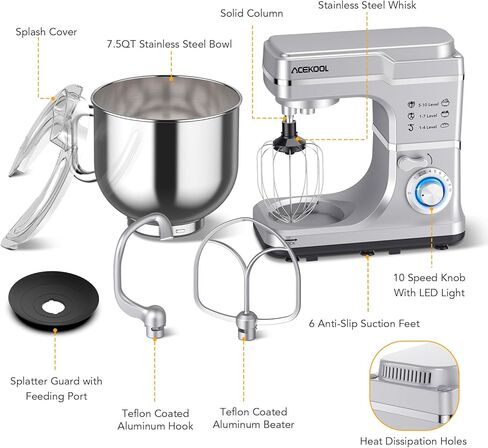 7 Quart Stand Mixer, Stable Design, 660W Tilt-Head Stand Mixer with 10-Speed Stepless Control for Bread, Pizza, Cake and Cookie Dough, Large Stainless Steel Bowl, Silver in Kuwait