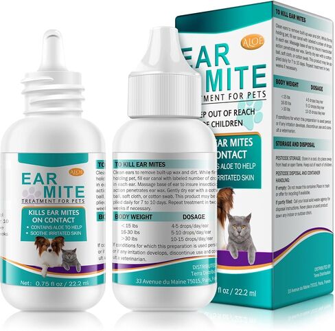 Ear Mite Treatment for Dogs and Cats,Ear Infection Treatment Drops,Relief for Dogs and Cats Suffering from Ear Mites, Pets Ear Cleaning Drops with Soothing Aloe for Dog & Cats (0.75 Fl Oz (Pack of 1)) in Kuwait