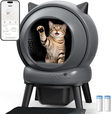 Self Cleaning Litter Box for Multiple Cats, E2 Automatic Cat Litter Box, Self-Cleaning Robot with Smart APP Control and Health Monitoring, Includes 2 Roll Trash Bag and Litter Mat, Grey in Kuwait