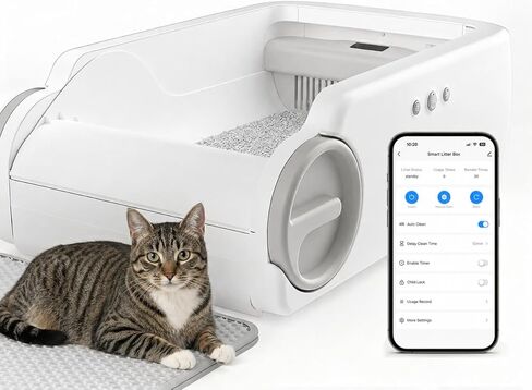 Open Top Automatic Litter Box Self Cleaning Cat Litter Box for Multiple Cats Electric Litter Box with Smart APP Control, White in Kuwait