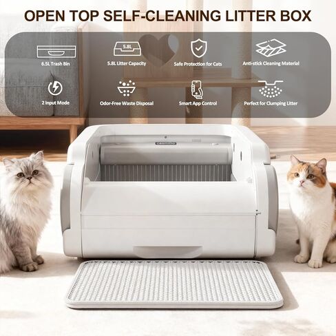 Open Top Automatic Litter Box Self Cleaning Cat Litter Box for Multiple Cats Electric Litter Box with Smart APP Control, White in Kuwait