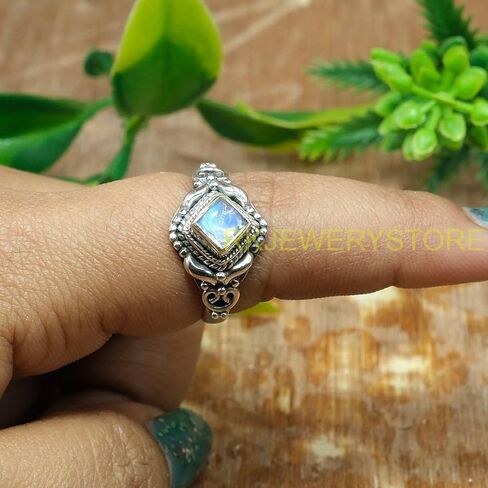 الطبيعية الأزرق النار قوس قزح Moonstone 925 الفضة الاسترليني تصميم يدوي بيان الزفاف الخطوبة وعد خاتم هدية للزوجة صديقة in Kuwait
