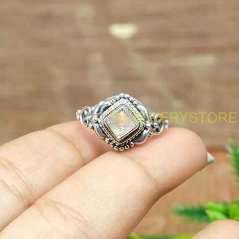 الطبيعية الأزرق النار قوس قزح Moonstone 925 الفضة الاسترليني تصميم يدوي بيان الزفاف الخطوبة وعد خاتم هدية للزوجة صديقة in Kuwait